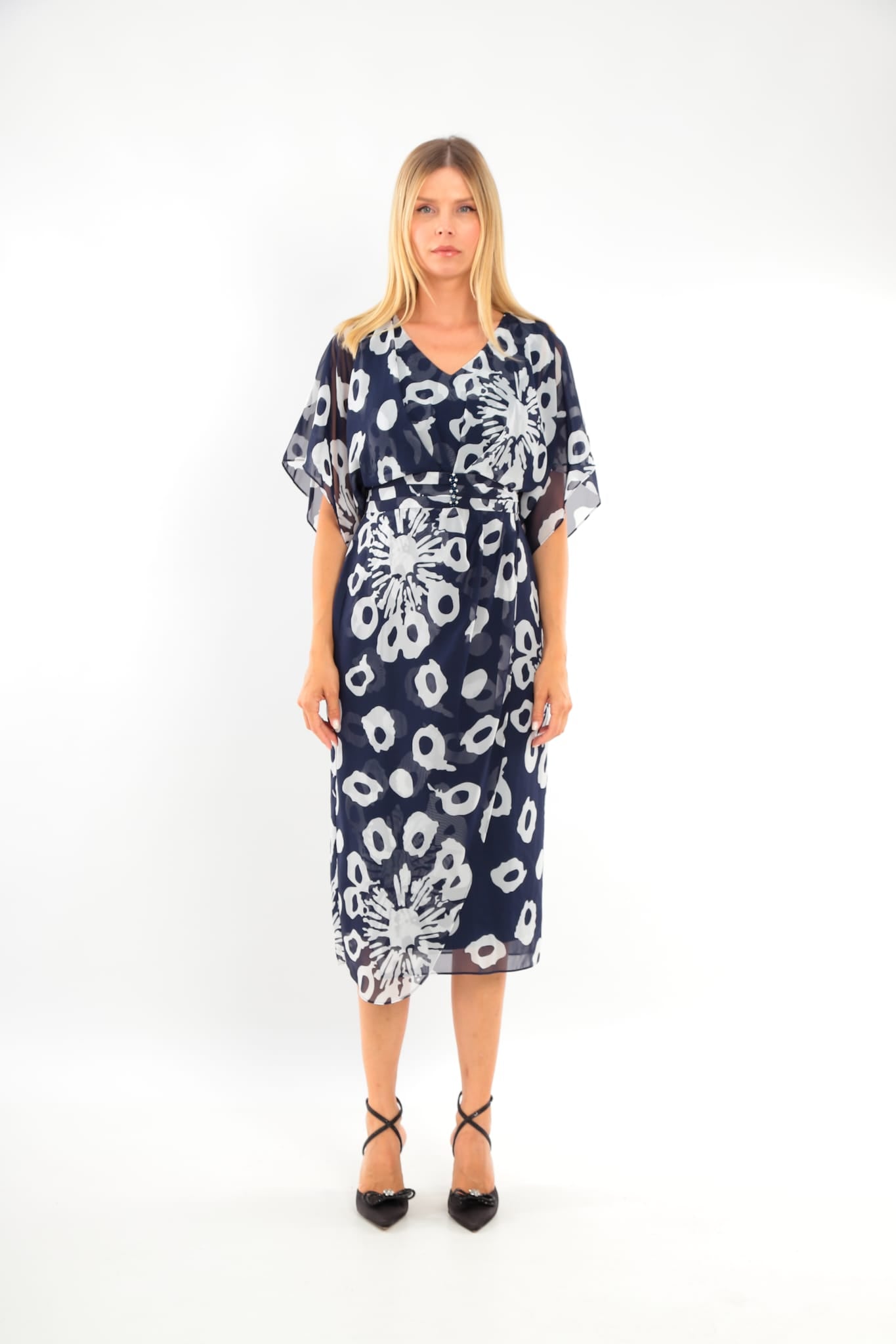 Lizabella Navy And White Chiffon Dress With Flutter Sleeves