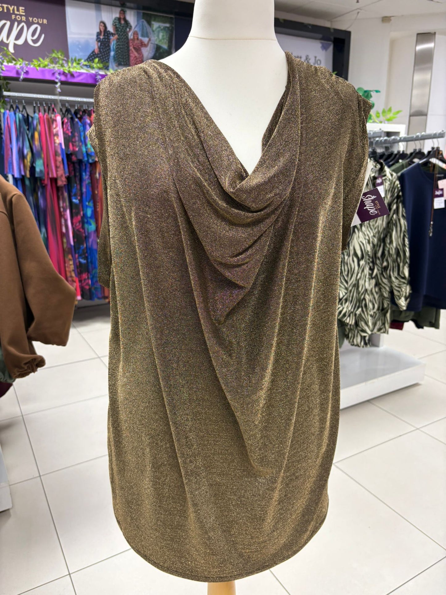 Sleeveless Shimmer Cowl Neck Top