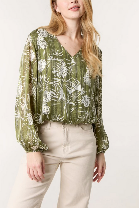 Khaki V Neck Puffball Blouse