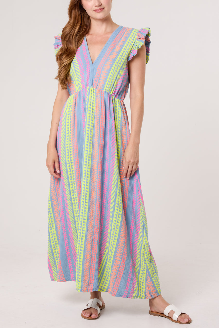 Aztec Print Frill Sleeve Cotton Dress