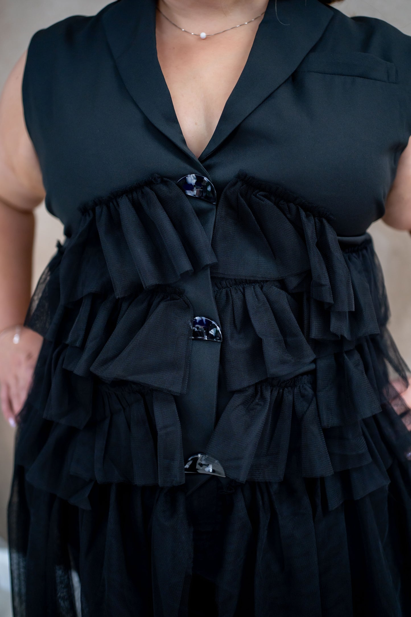 Malissa J Black Waistcoat Dress With Tulle Ruffles