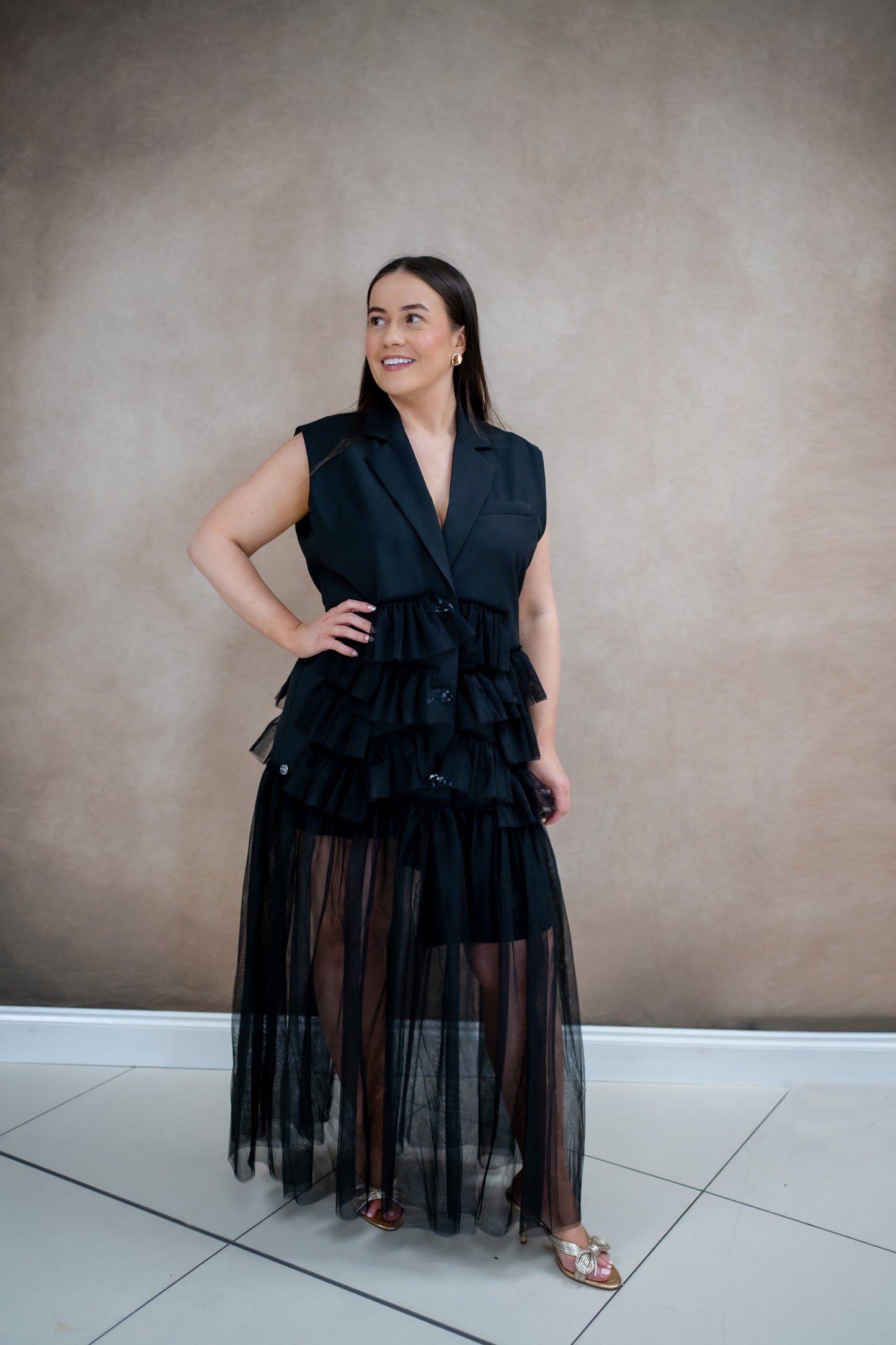 Malissa J Black Waistcoat Dress With Tulle Ruffles