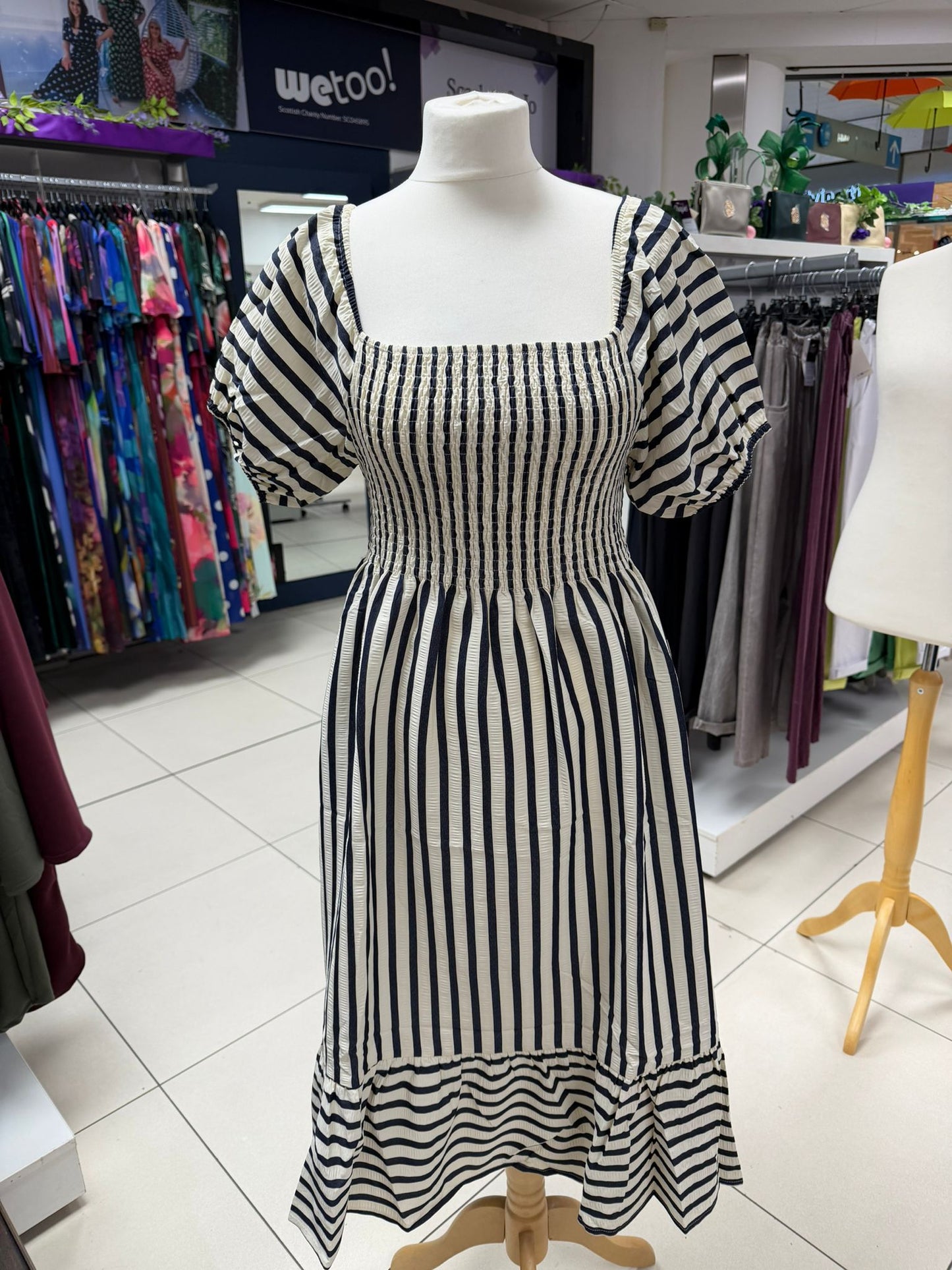 Square Neck Navy Stripe Midi Dress