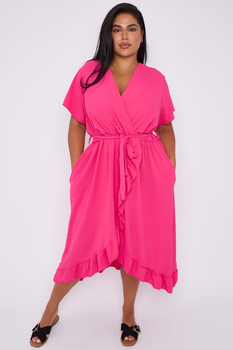 Frill Skirt Wrap Front Midi Dress