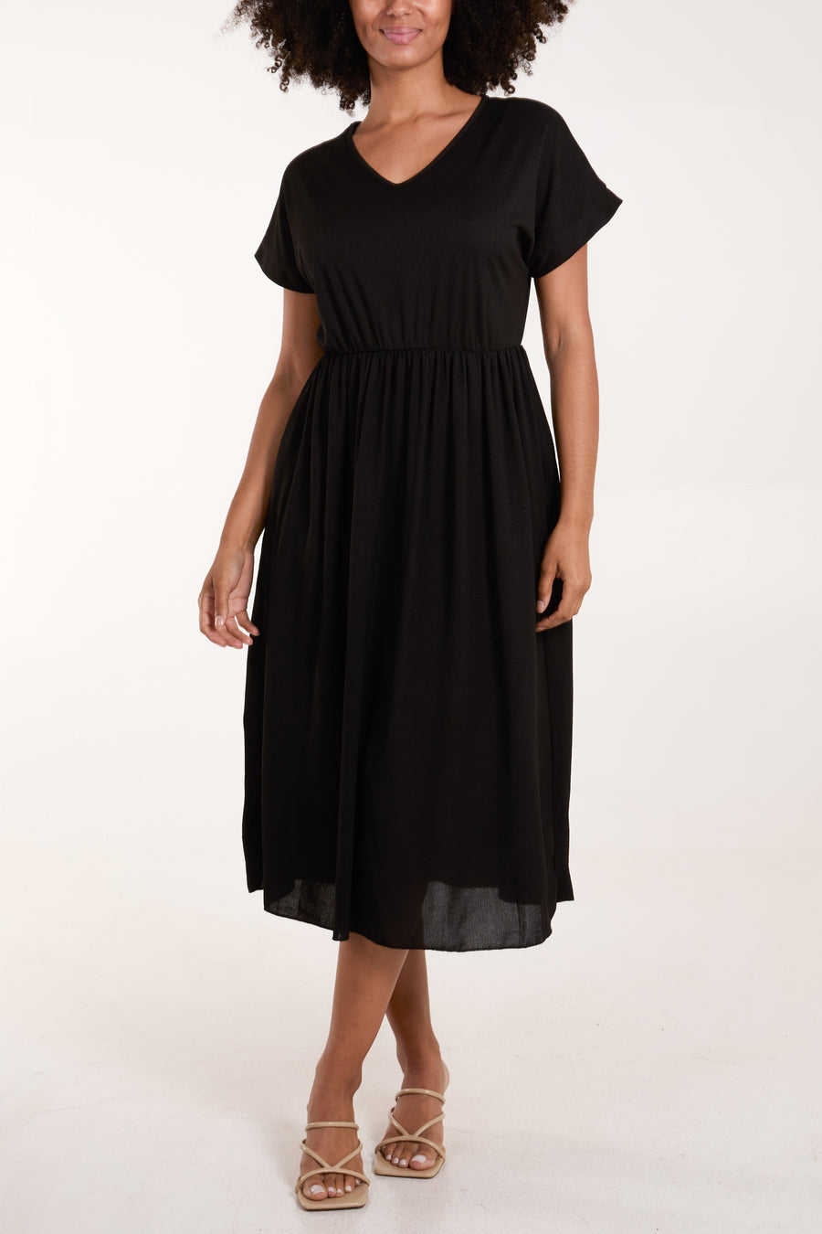 Elasticated Waist V Neck Pocket Midi Dress