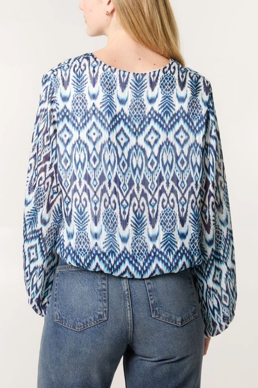 Aztec Print V Neck Puffball Blouse