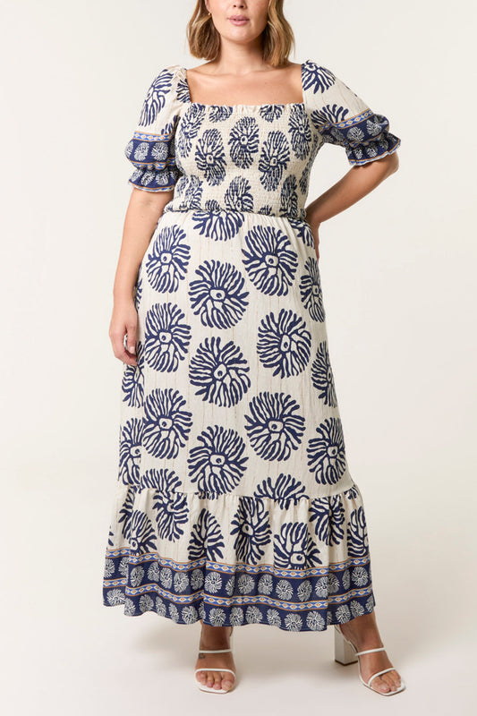 Navy Square Shirred Neck Printed Maxi Dress