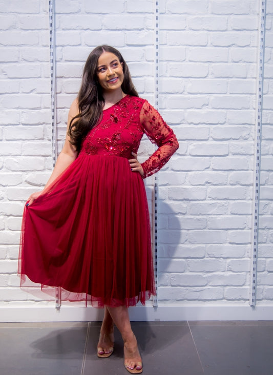 Maya Asymmetric Embellished Midi Dress