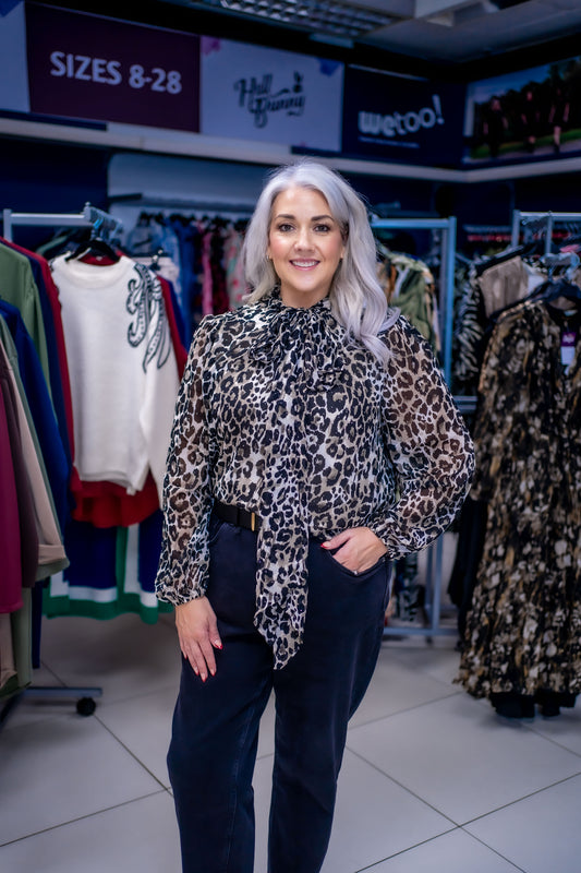 High Tie Neck Diamante Animal Blouse
