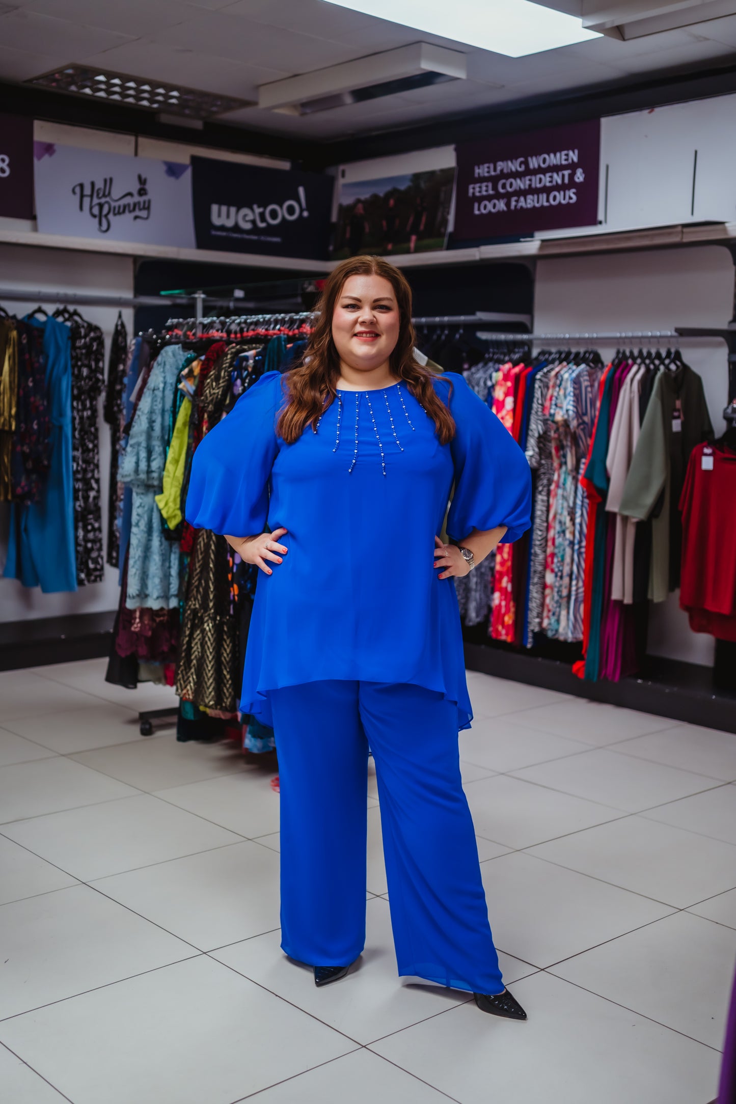 Lizabella Royal Blue Chiffon Trouser Suit With Diamonte Detail