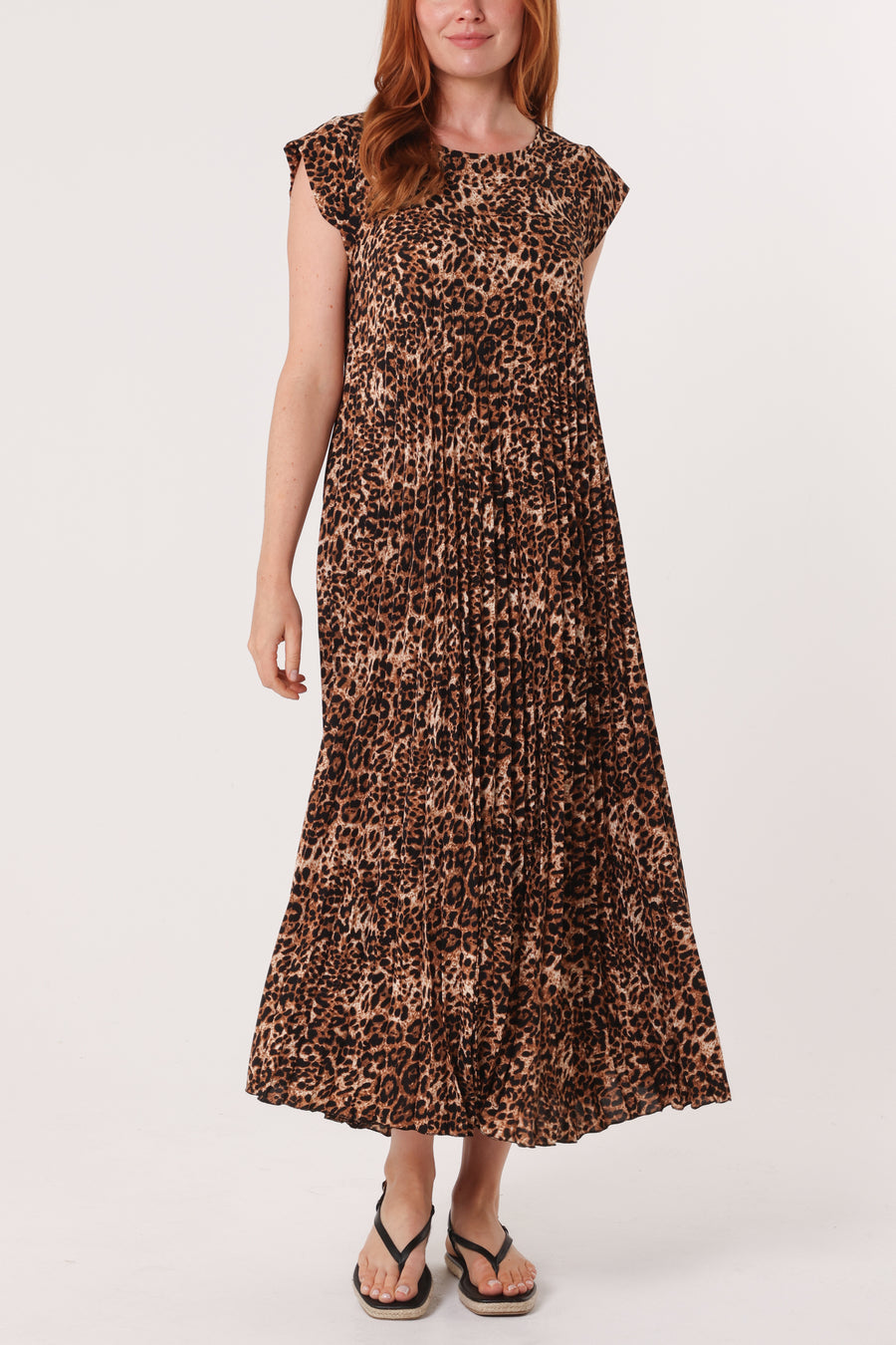 Cap Sleeve Leopard Print Pleat Maxi Dress