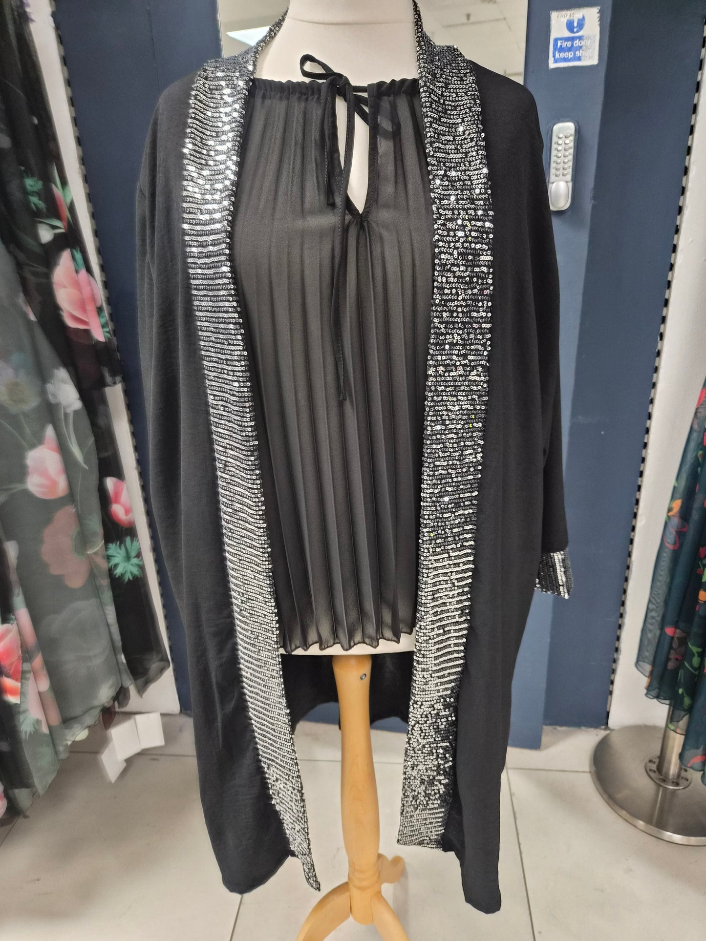Long Sequin Kimono With Sparkle Trim