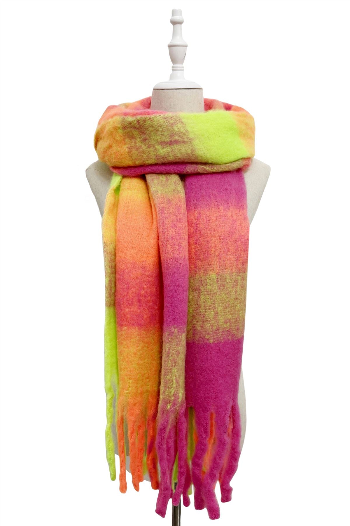 Multi Check Wool Tassel Neon Scarf