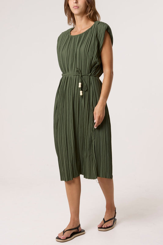 Pleated Shoulder Pad Midi Dress
