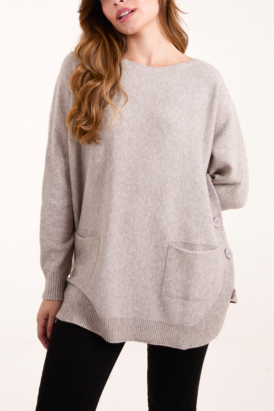 Round Neck Jumper With Pockets And Button Detail