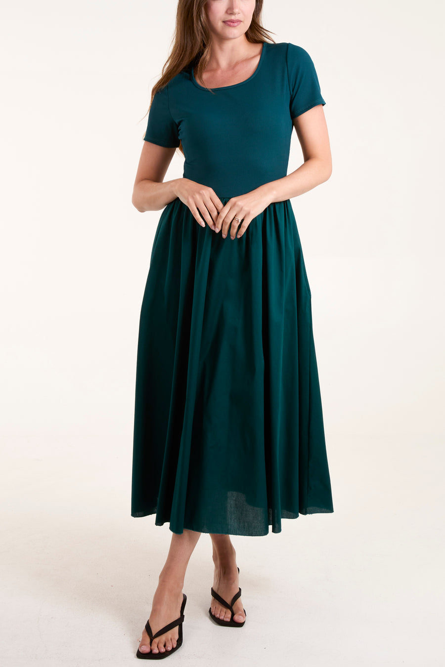 Short Sleeve Ribbed Bodice Midi Dress