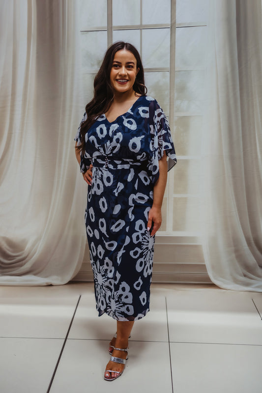 Lizabella Navy And White Chiffon Dress With Flutter Sleeves