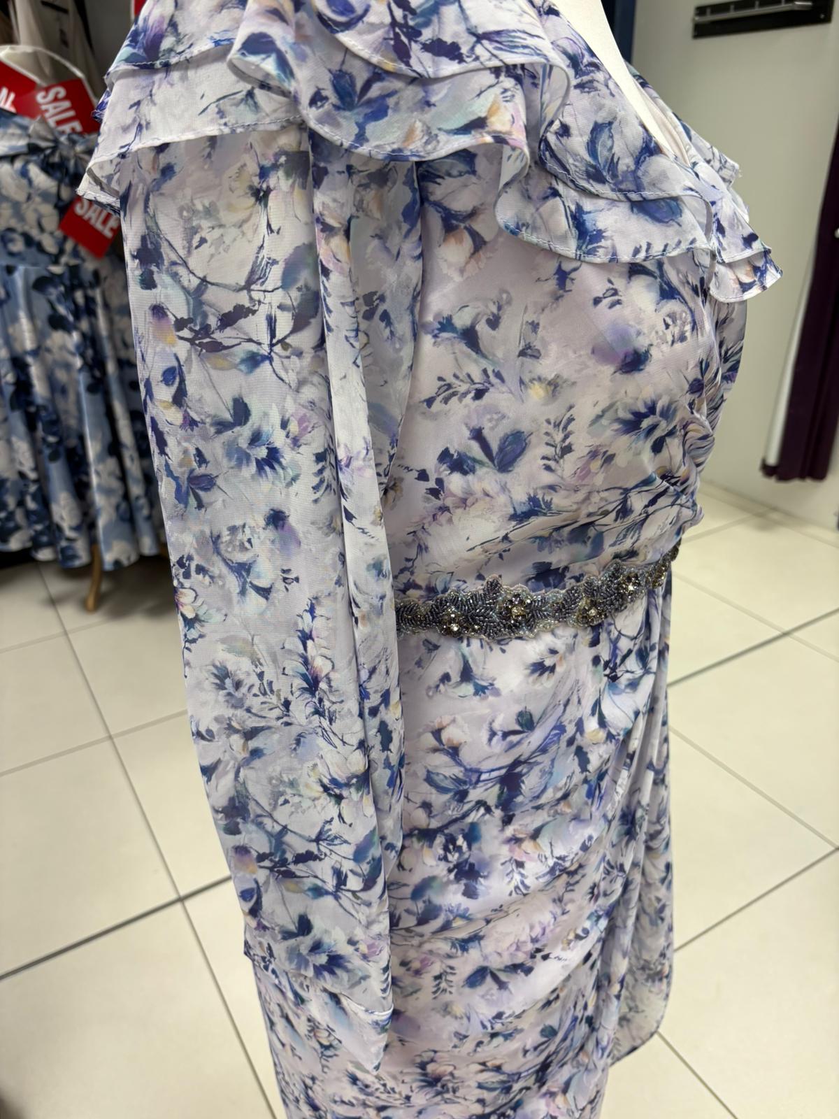 Gino Cerruti Silver/Blue Print Embellished Belt MOB Dress