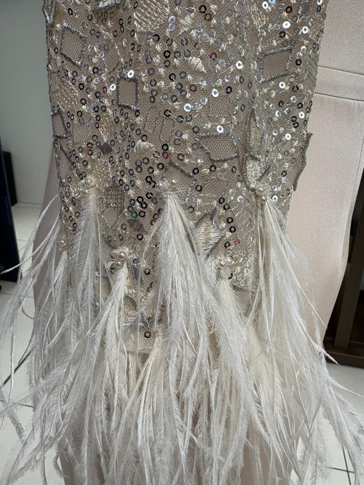 Gino Cerruti Satin Crepe MOB/MOG Dress With Feather Trim