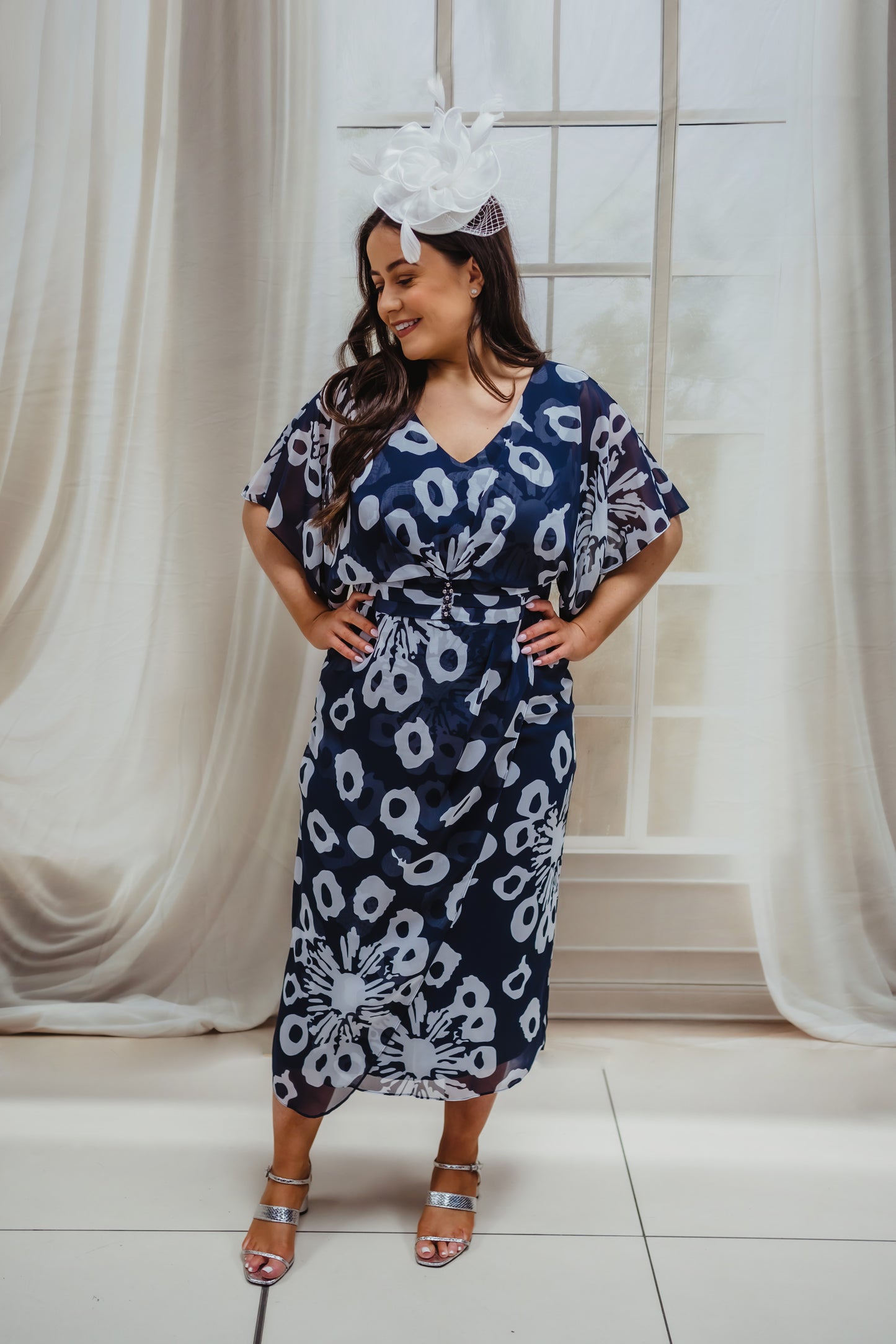 Lizabella Navy And White Chiffon Dress With Flutter Sleeves