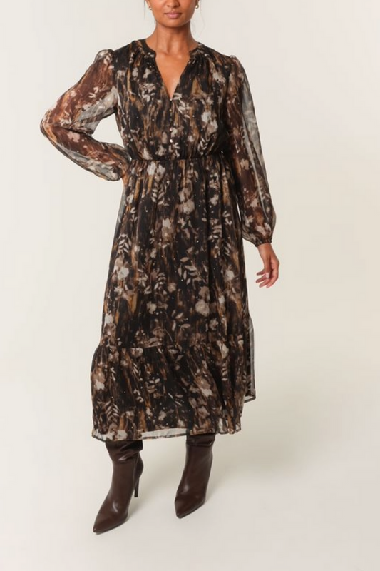 Leaf Print Diamonte Chiffon Dress