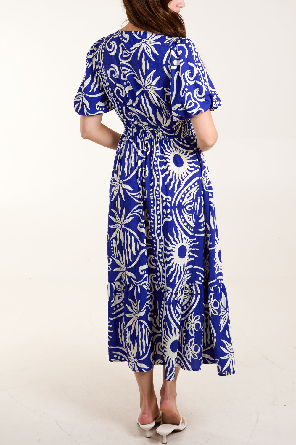 Blue Abstract Button Front Midi Dress