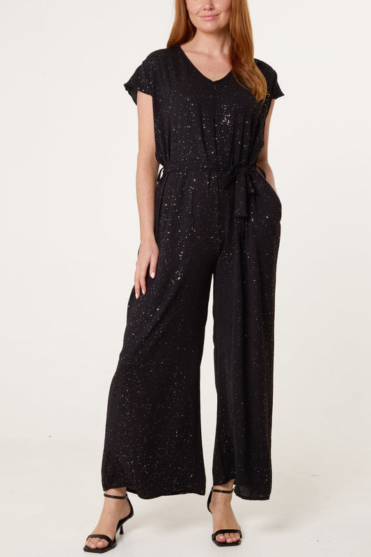Metallic Glitter Belted Jumpsuit