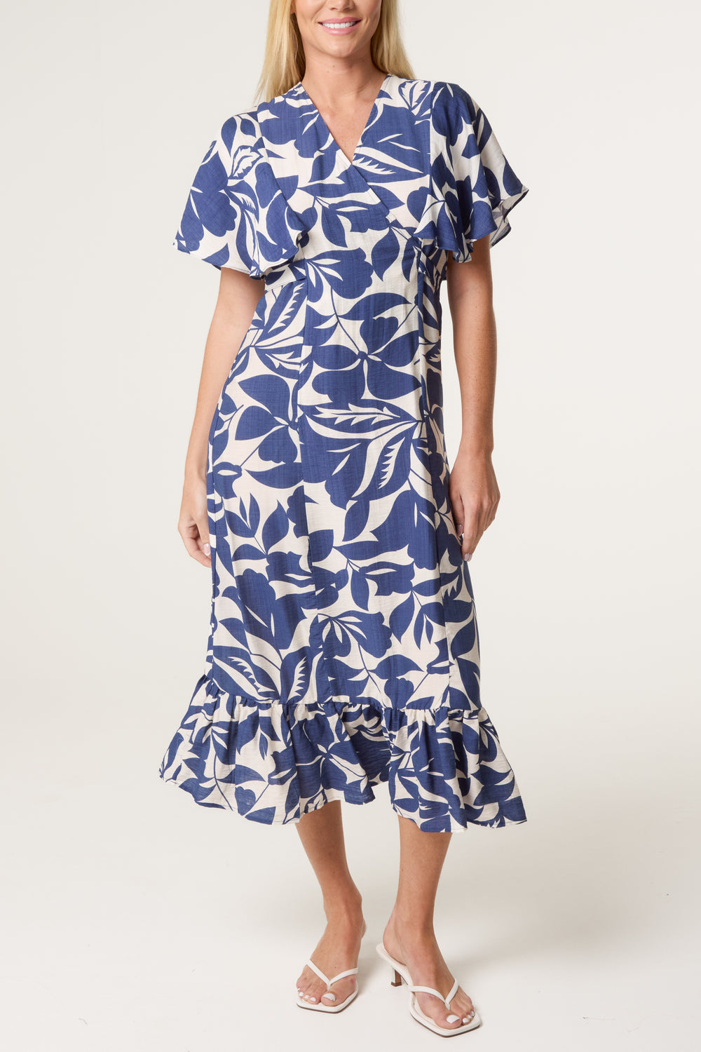 Wrap Front Navy Leaf Print Midi Dress