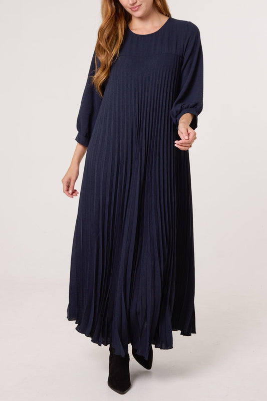 Long Sleeve Pleated Maxi Dress With Pockets