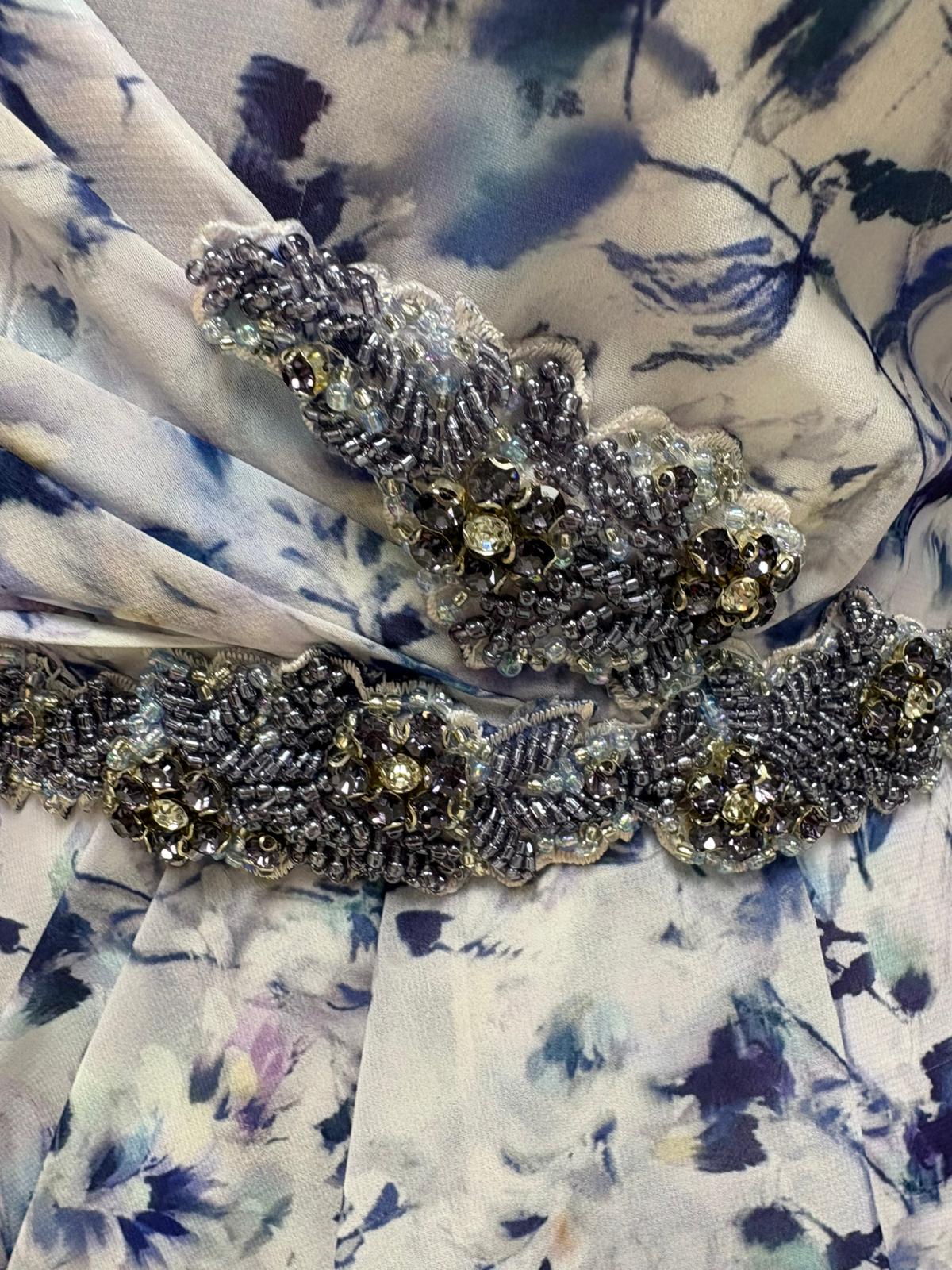 Gino Cerruti Silver/Blue Print Embellished Belt MOB Dress