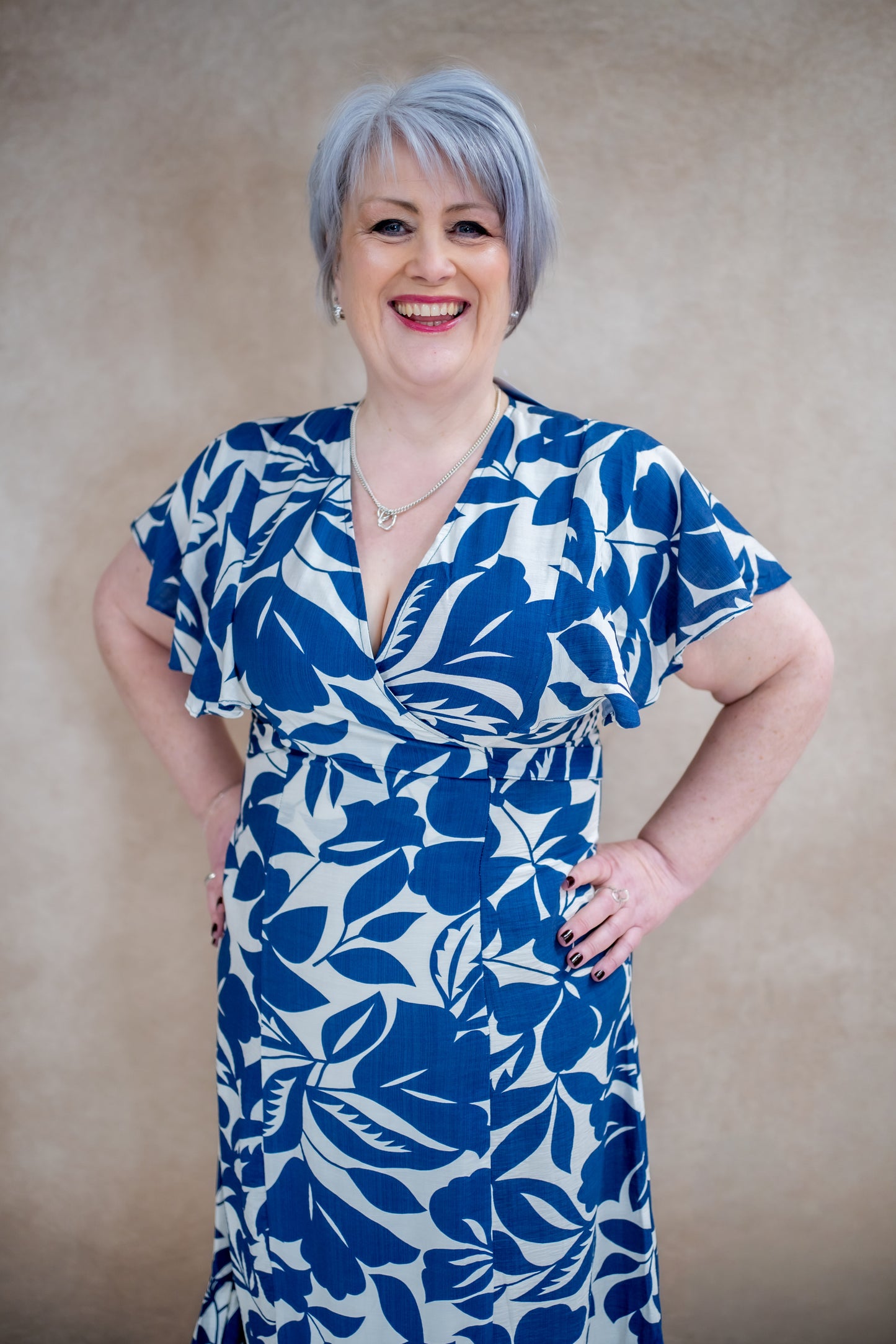 Wrap Front Navy Leaf Print Midi Dress