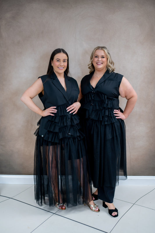 Malissa J Black Waistcoat Dress With Tulle Ruffles