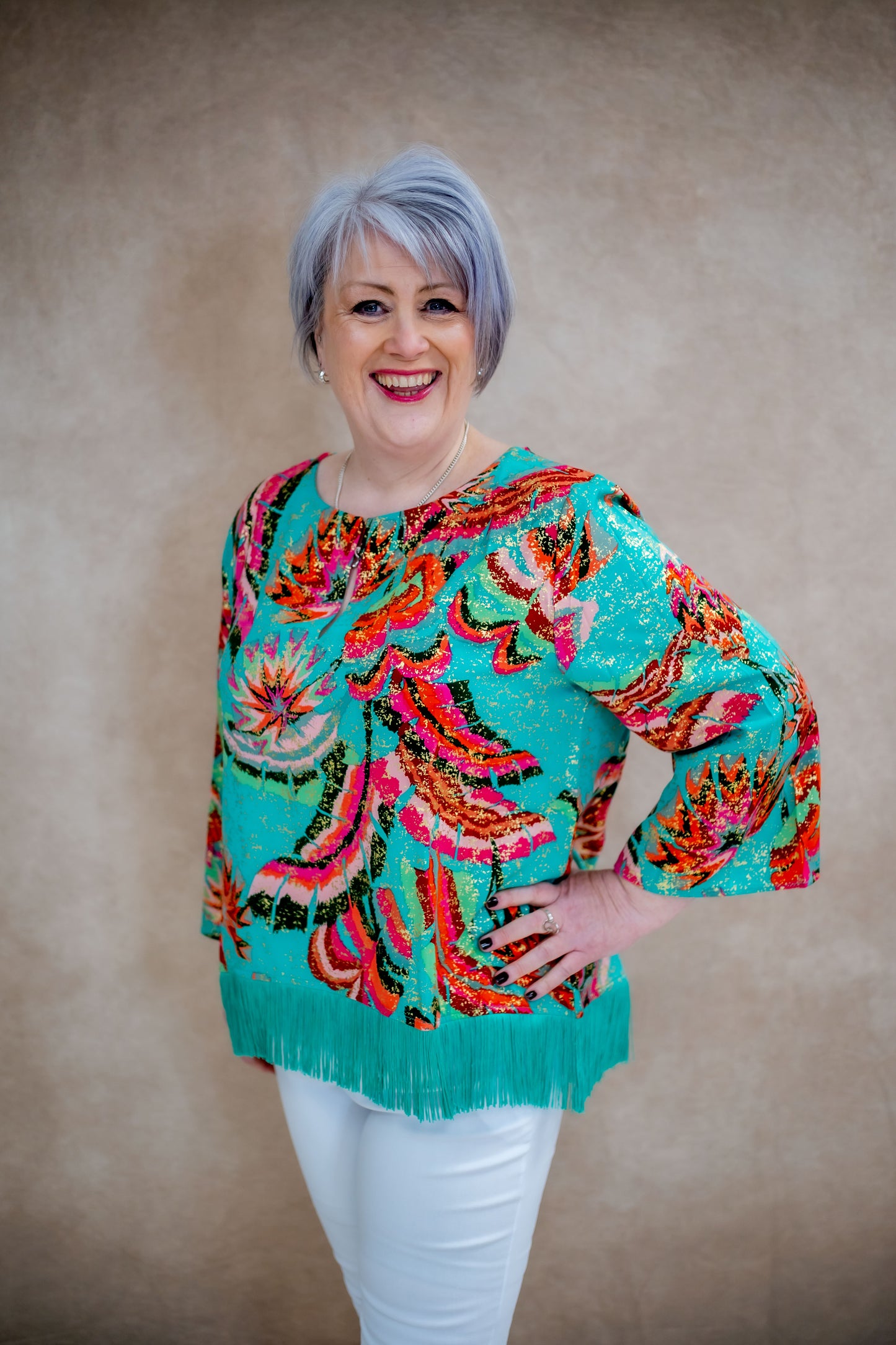 Malissa J Green Multi Woven Top With Tassel Hem