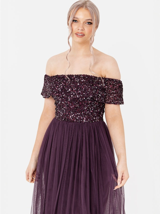 Maya Berry Embellished Bardot Maxi Dress