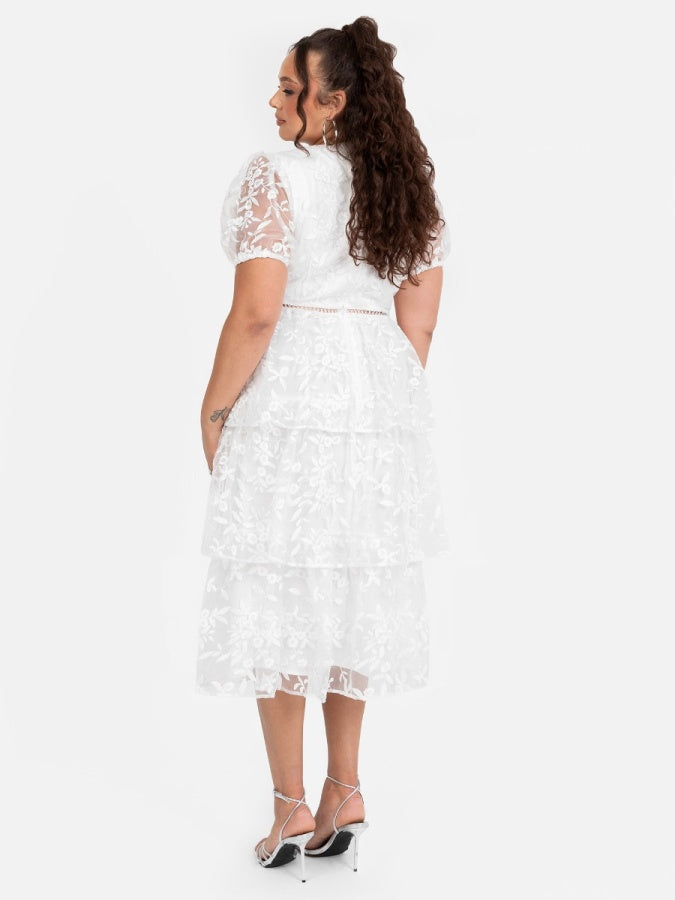 Maya White Floral Embroidered Tiered Midi Dress