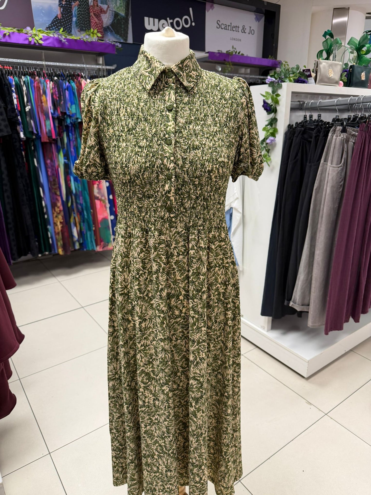 Floral Khaki Shirred Shirt Dress