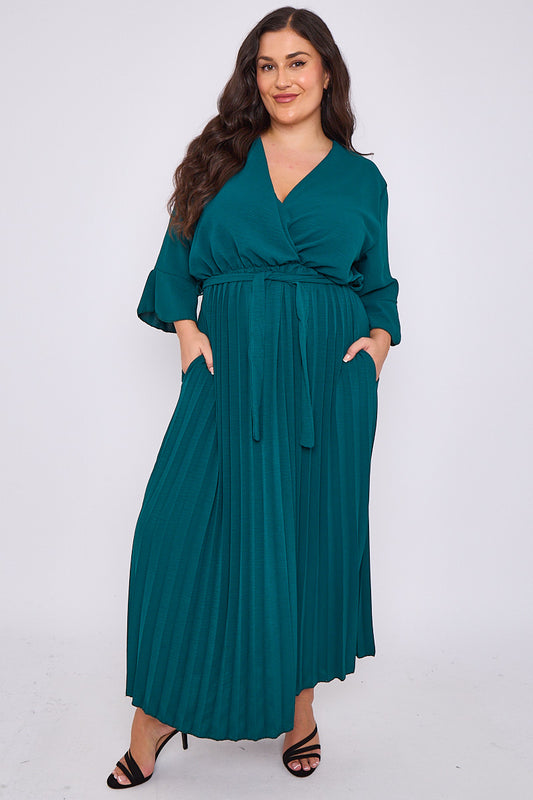 Wrap Dress With Pleated Skirt And 3/4 Length Sleeve