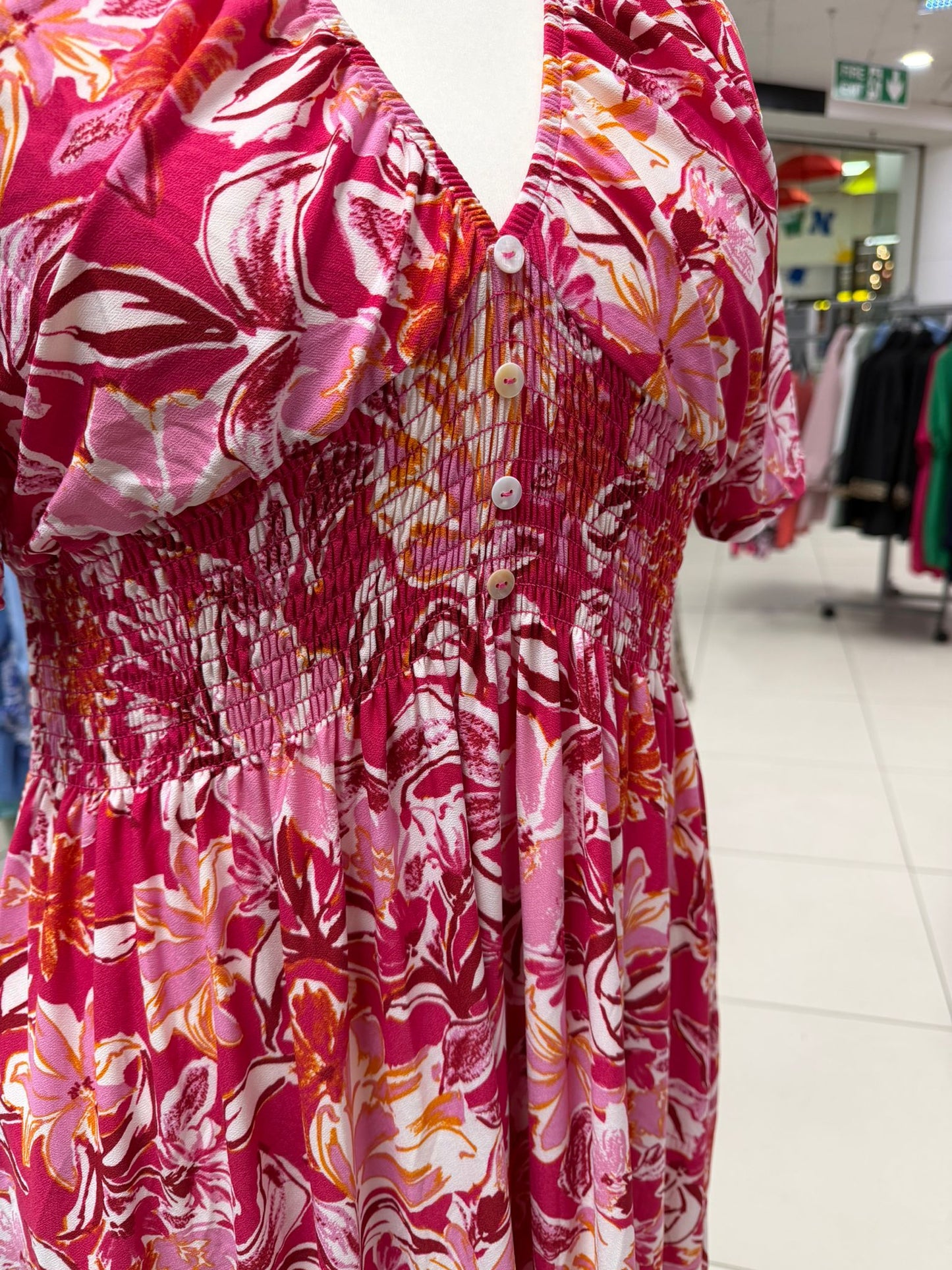 V Neck Shirred Pink Floral Maxi Dress