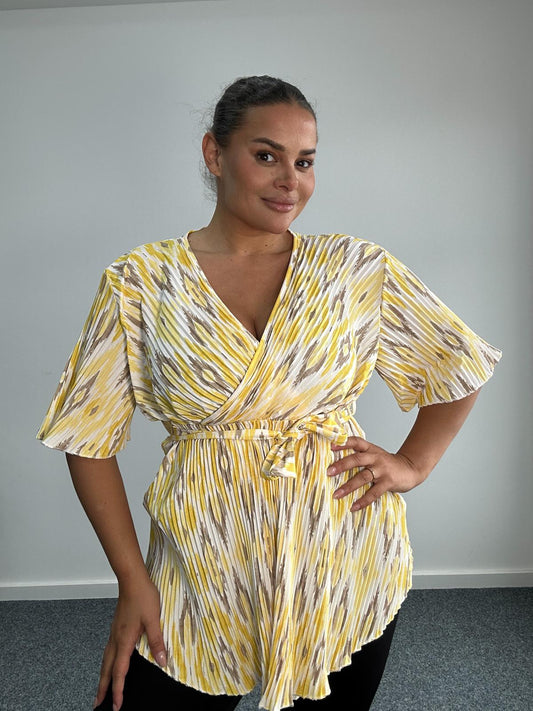 Pleated V Neck Top With Belt