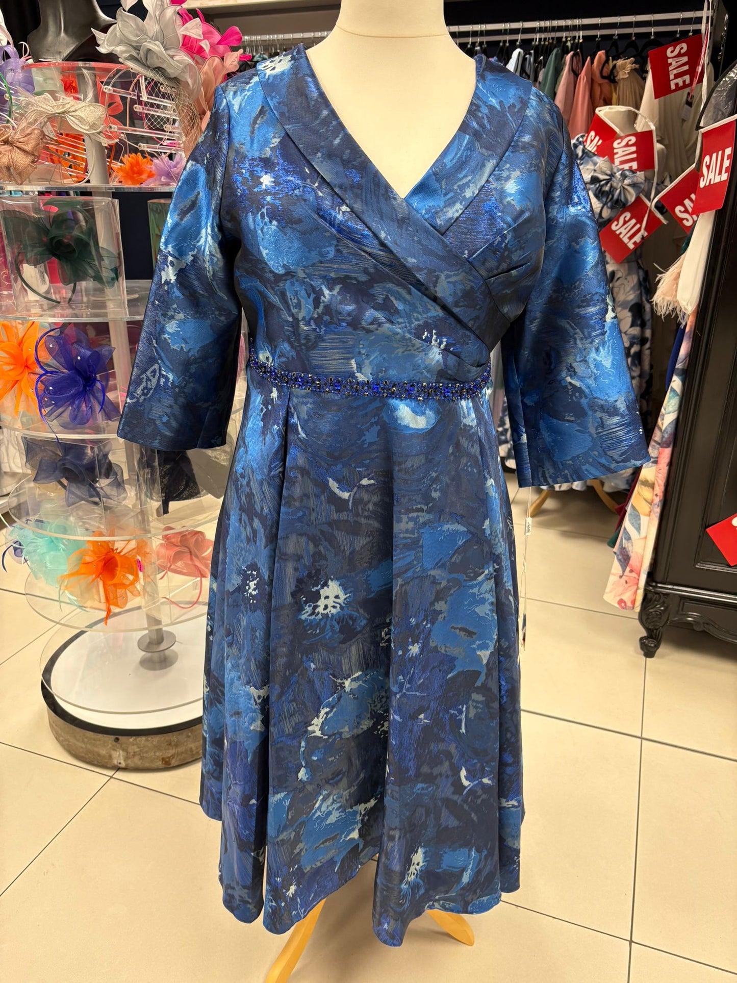 Gino Cerruti Midnight Blue Print Embellished Belt MOB Dress