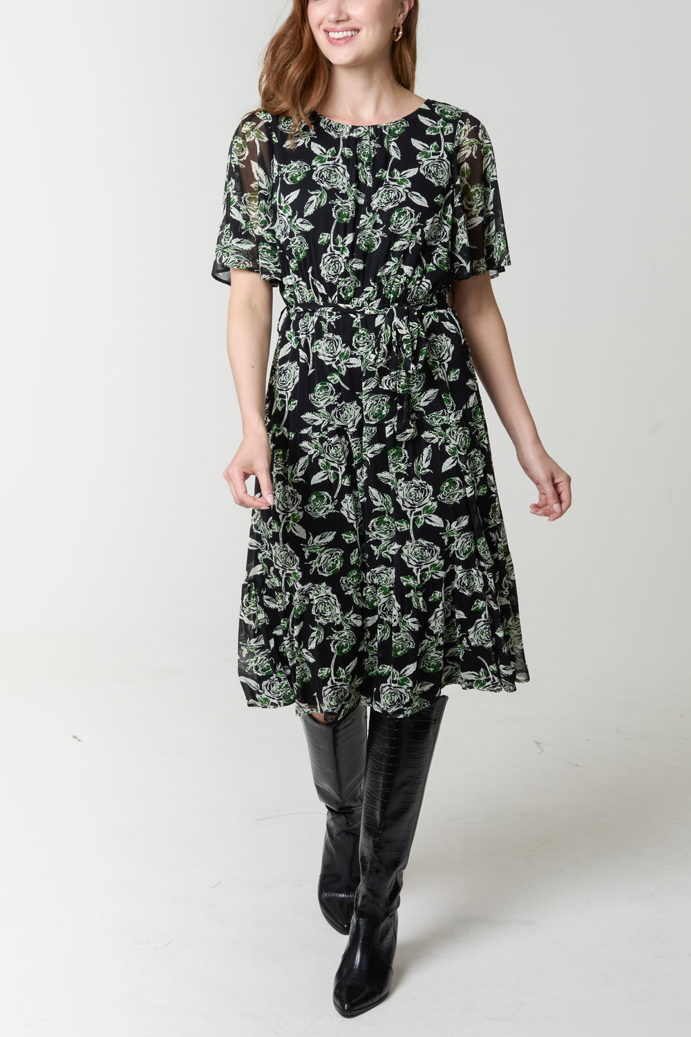 Floral Round Neck Mesh Midi Dress