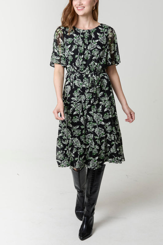 Floral Round Neck Mesh Midi Dress