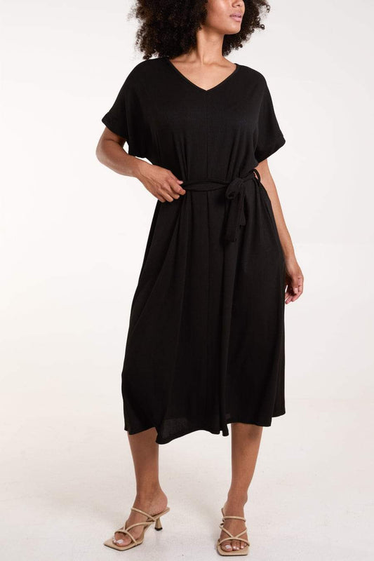 V Neck Tie Belt Dress