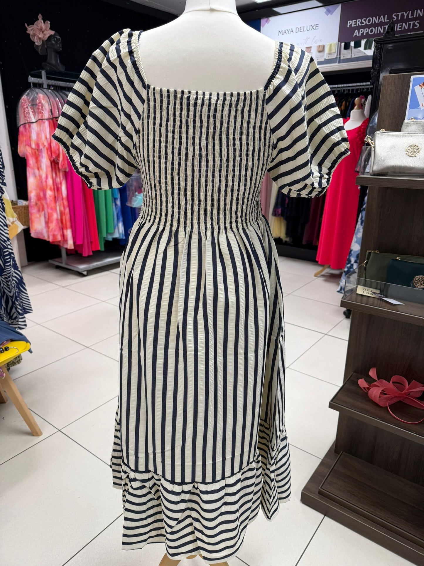 Square Neck Navy Stripe Midi Dress