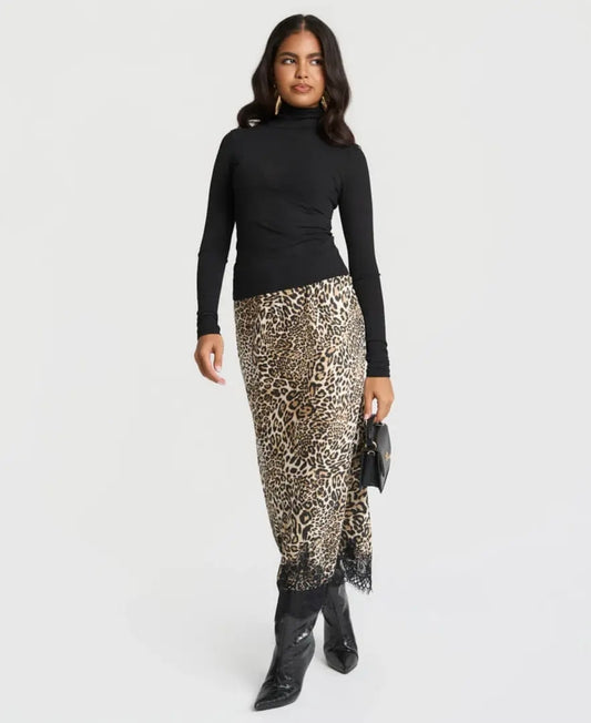 Leopard Print Satin & Lace Skirt