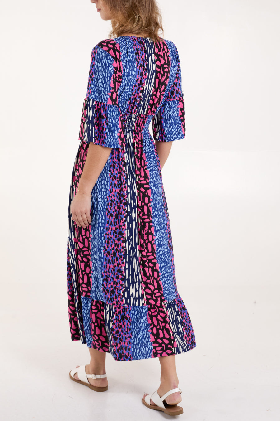 Mixed Animal Shirred Waist Midi Dress