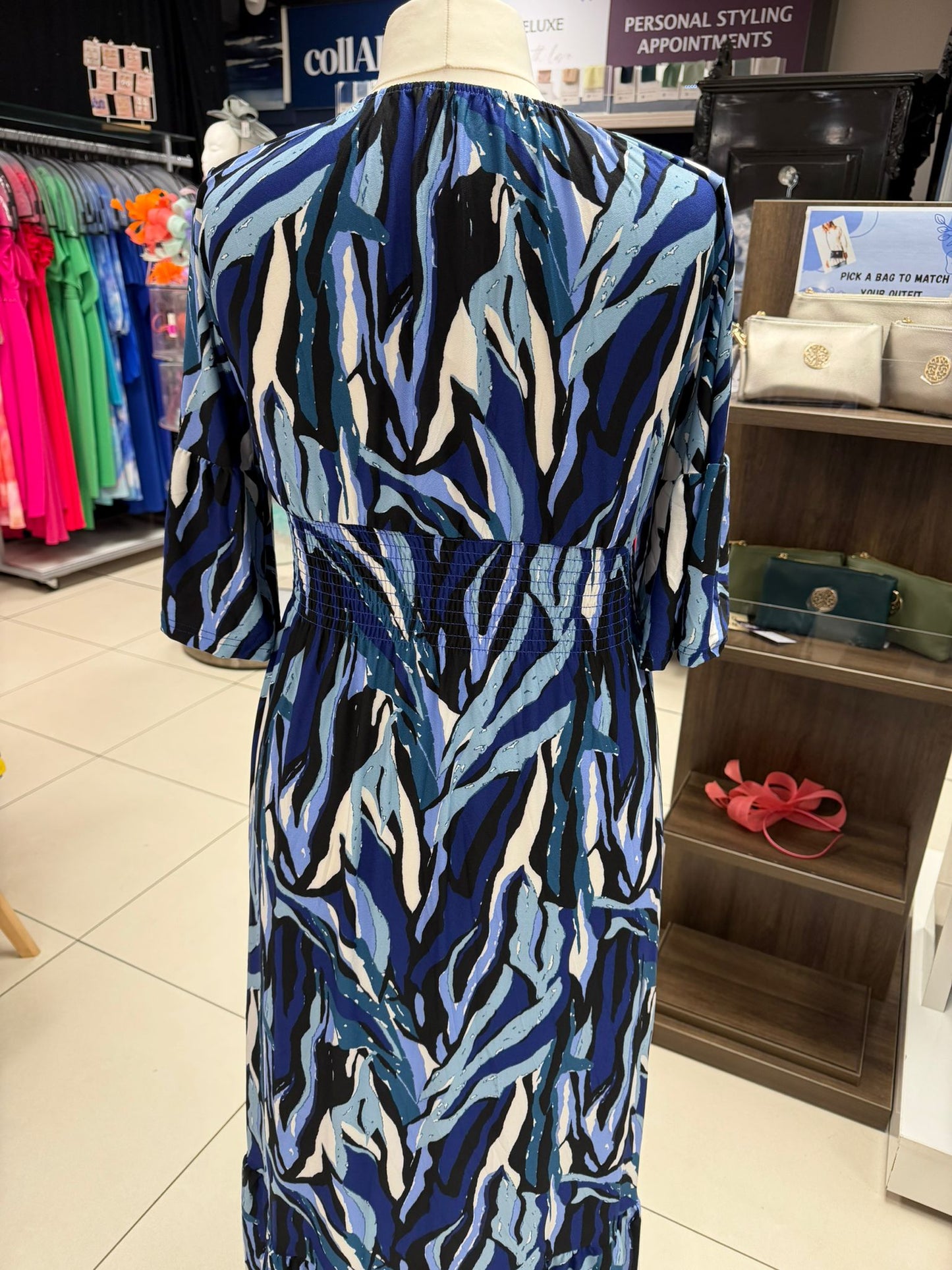 V Neck Shirred Navy Abstract Maxi Dress