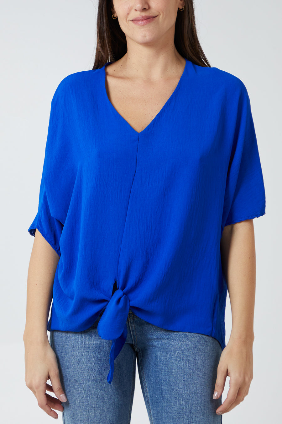 V Neck Front Tie Hem Blouse