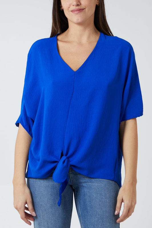 V Neck Front Tie Hem Blouse