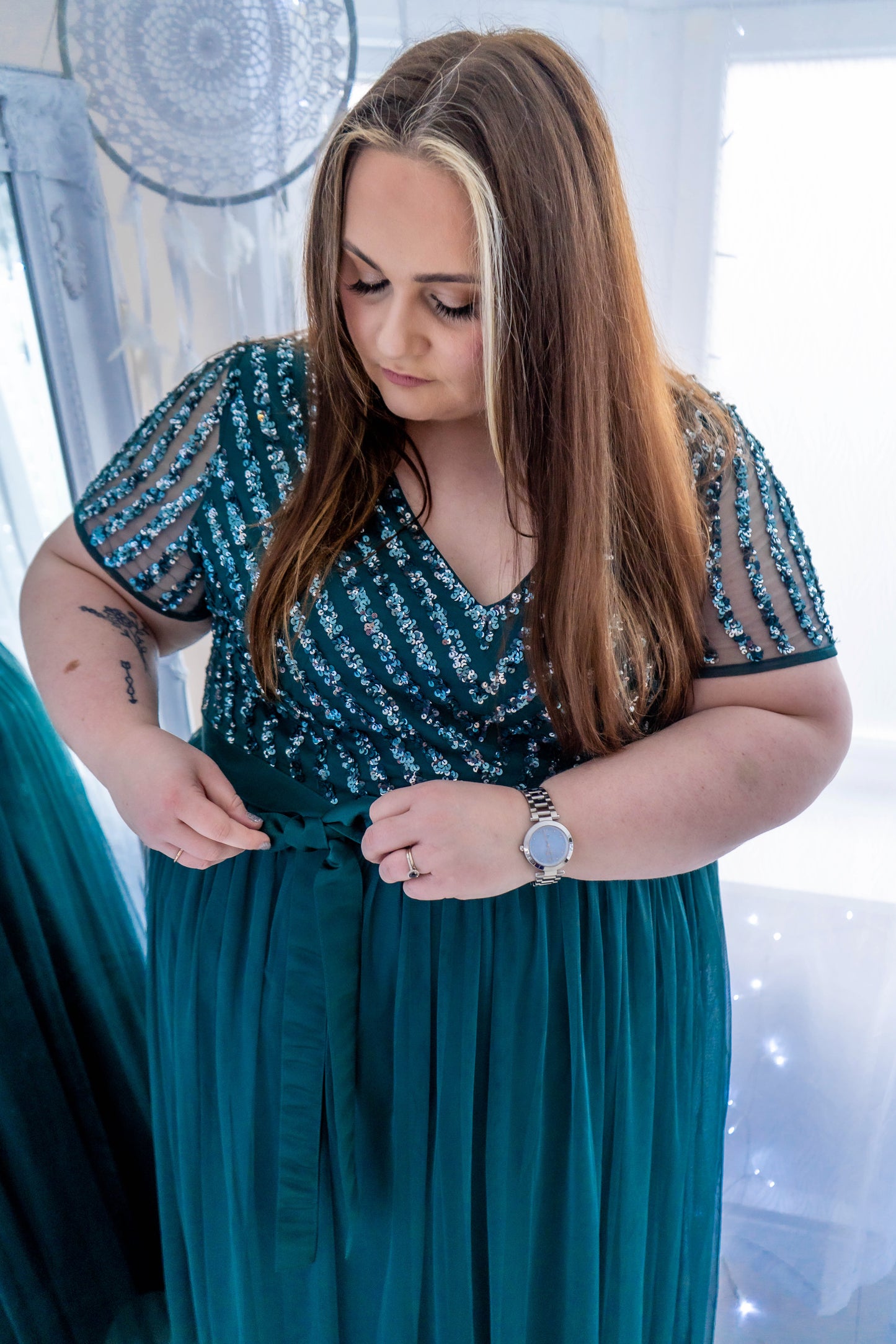 Maya Emerald Green V Neck Stripe Embellished Maxi Dress